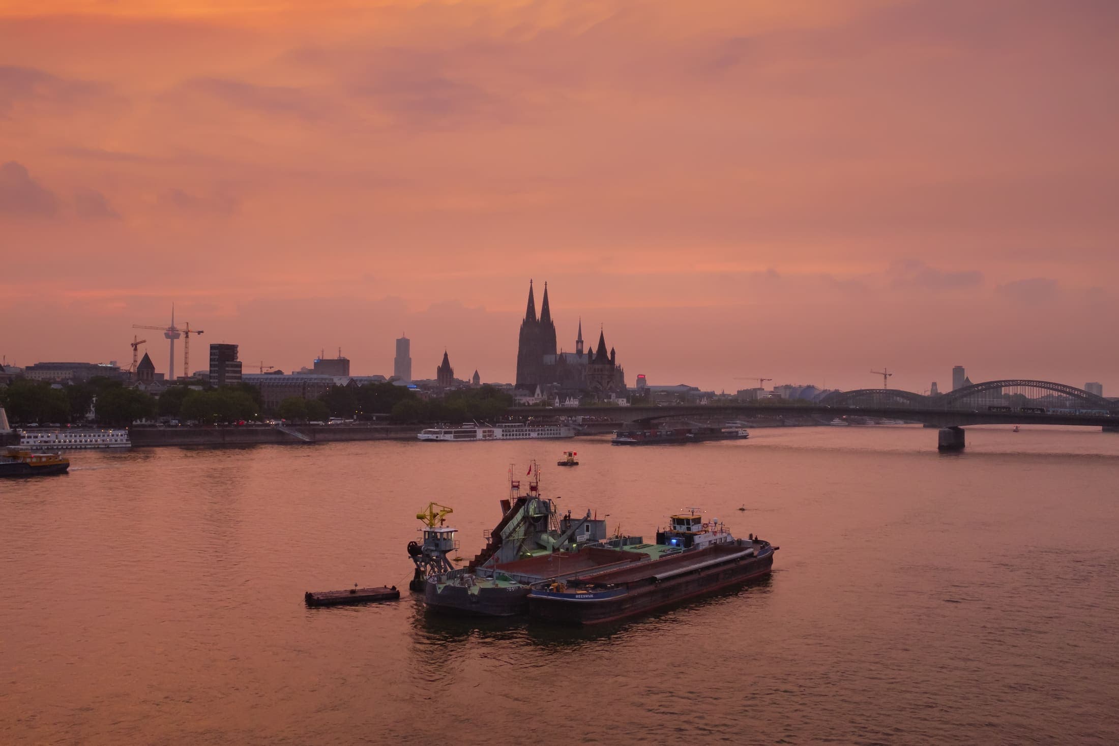 Rhine river at sunset, near Cologne