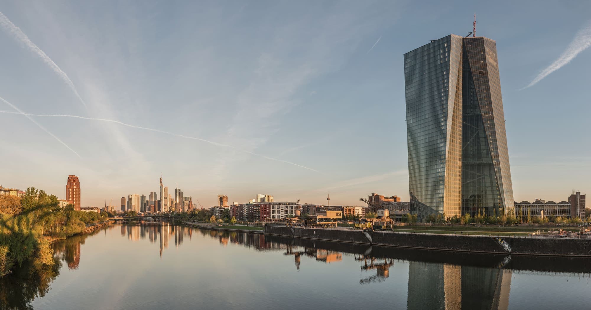 European Central Bank and Frankfurt skyline at dawn
