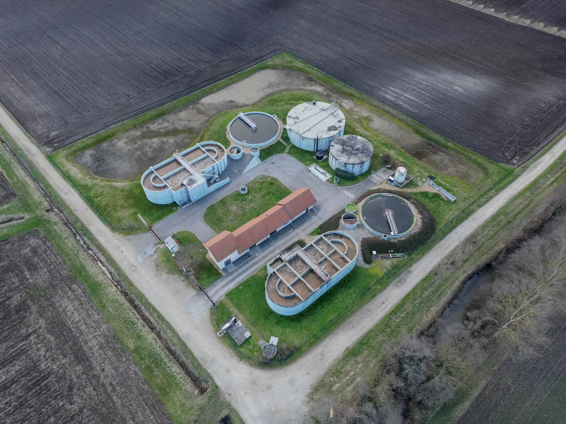 Aerial view of a wastewater treatment plant
