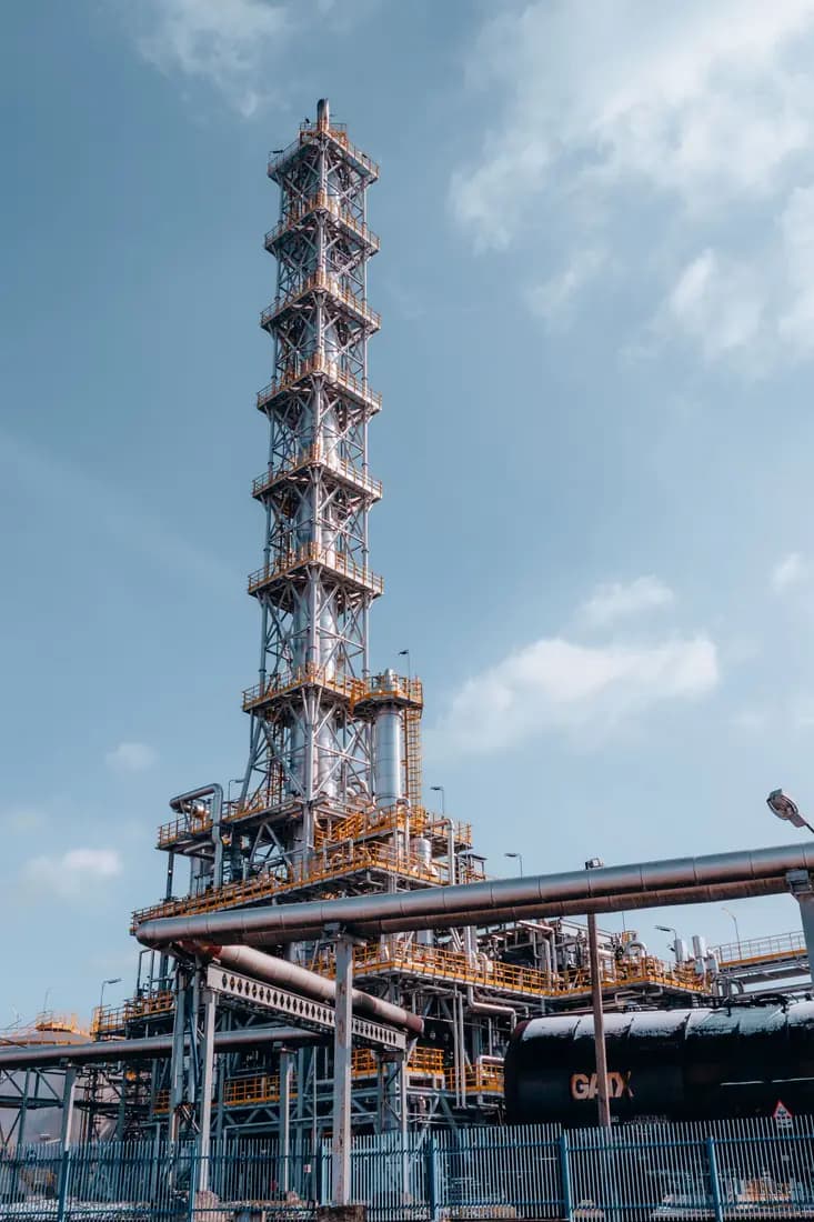 Industrial process tower against a blue sky