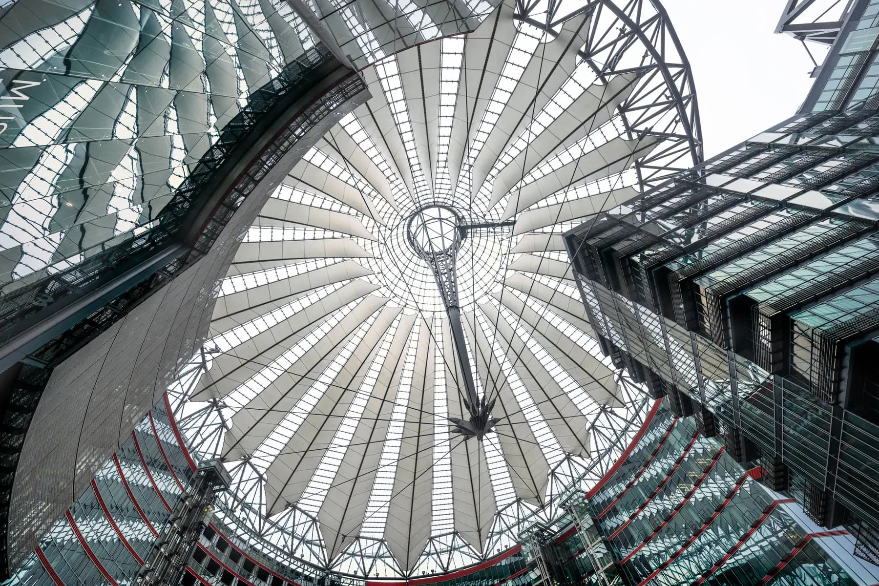 Steel and glass roof structure of the Sony Center, Berlin