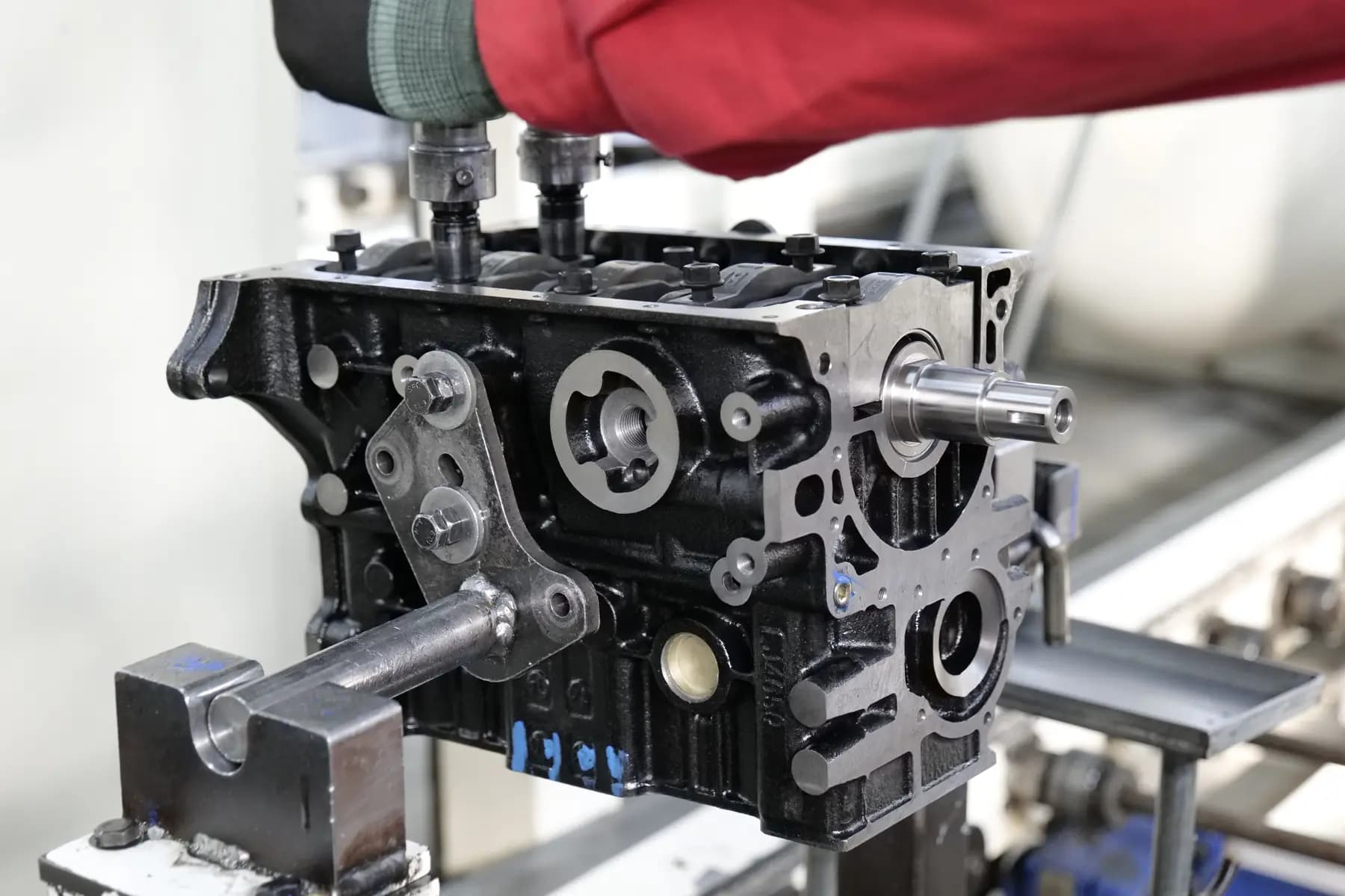 Engine block mounted on a precision machining fixture